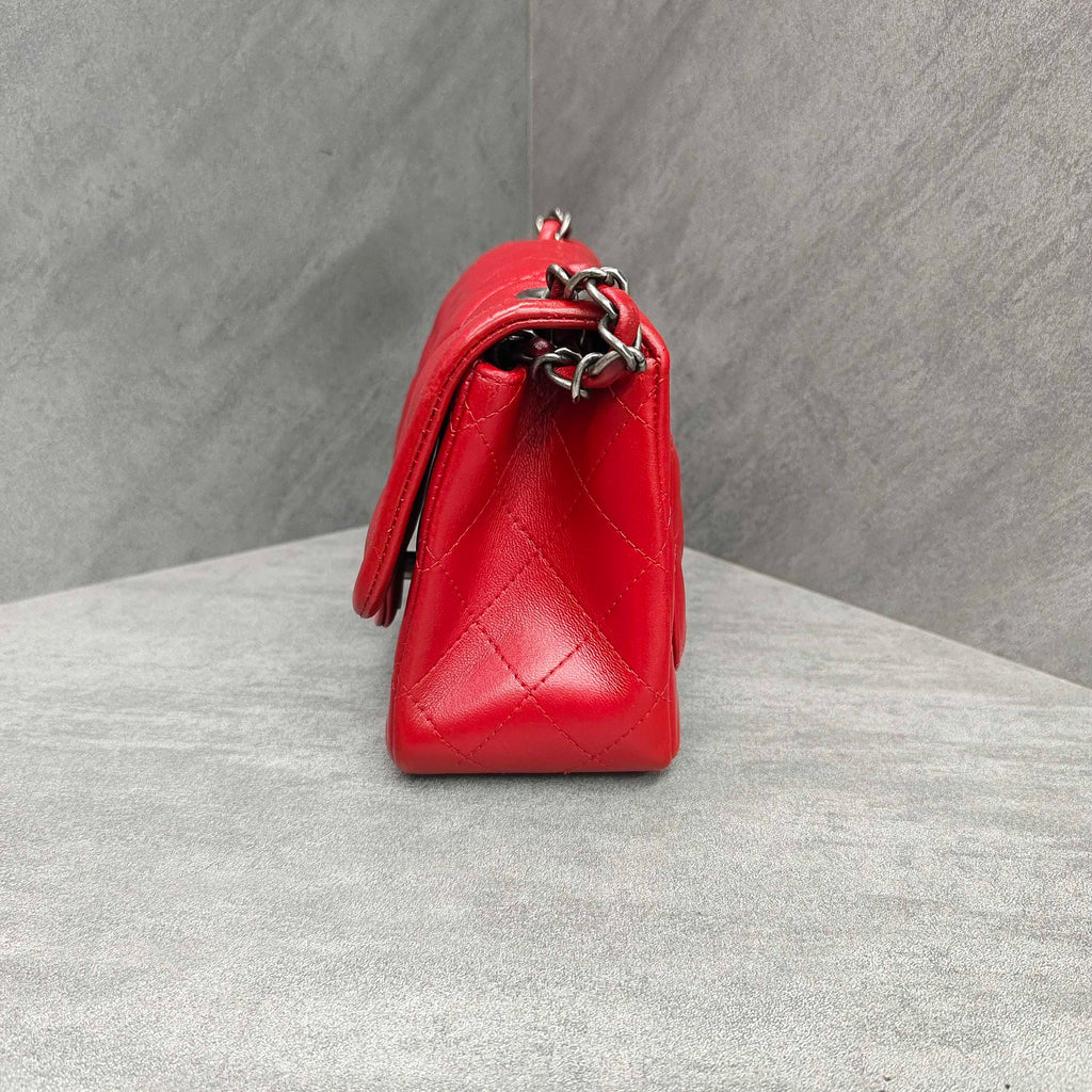 Chanel CF Square Mini Red Silver Lambskin Chain Bag