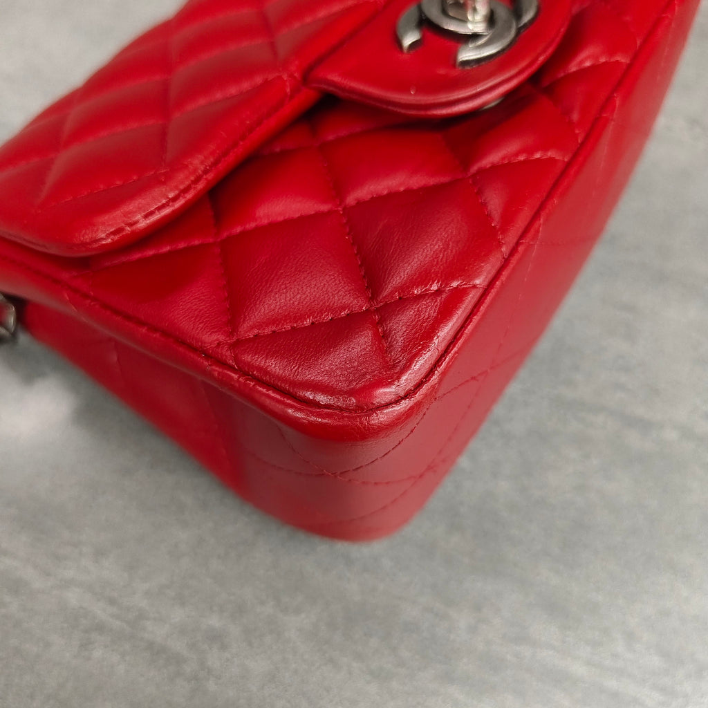 Chanel CF Square Mini Red Silver Lambskin Chain Bag