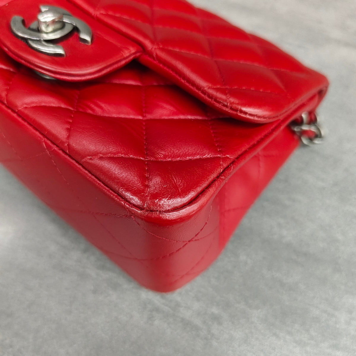 Chanel CF Square Mini Red Silver Lambskin Chain Bag