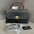 Chanel Coco Handle Black Caviar Leather Gold Hardware Red Handle with Card