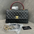 Chanel Coco Handle Black Caviar Leather Gold Hardware Red Handle with Card