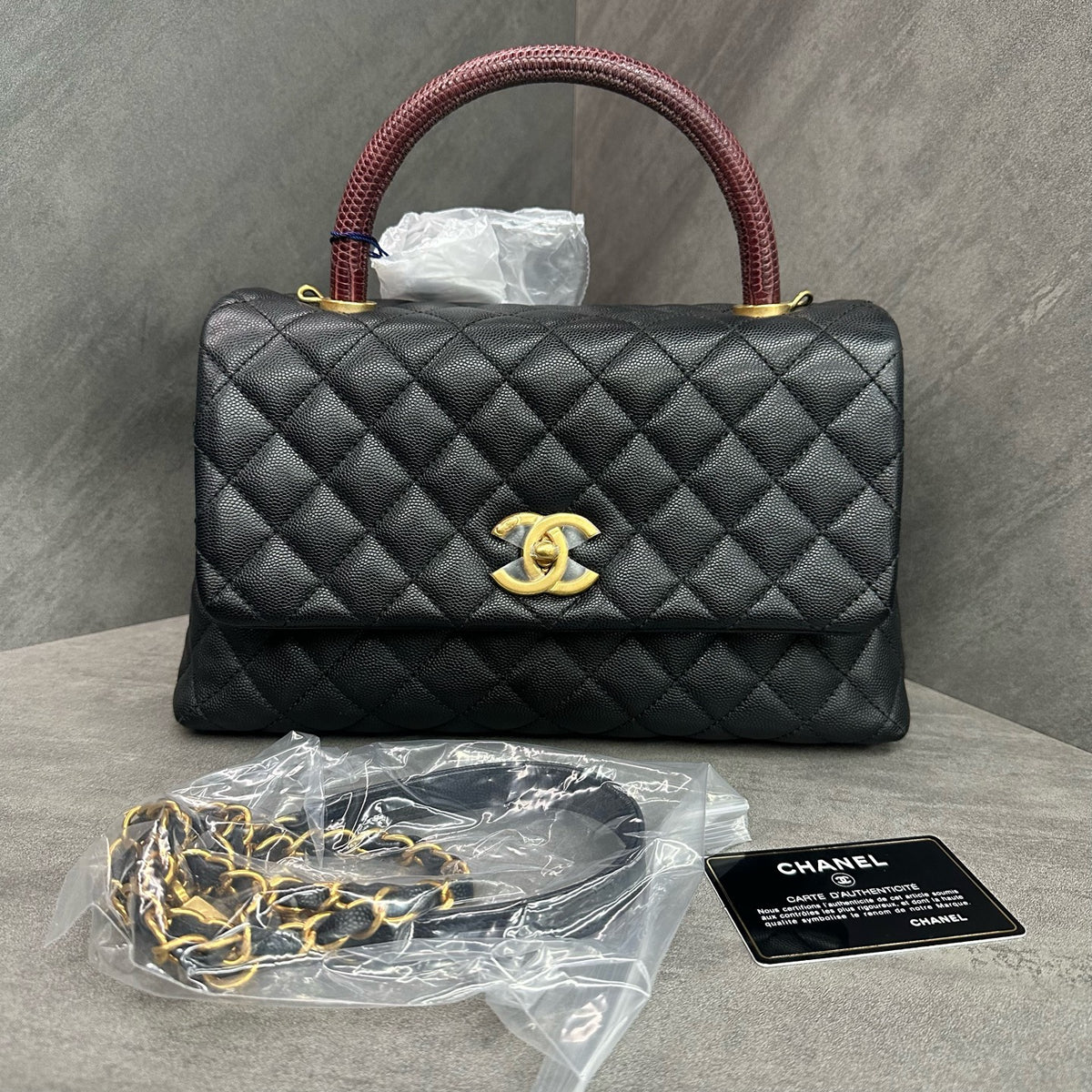 Chanel Coco Handle Black Caviar Leather Gold Hardware Red Handle with Card