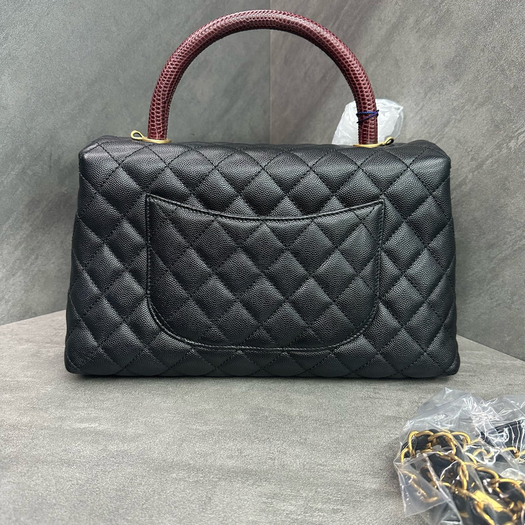Chanel Coco Handle Black Caviar Leather Gold Hardware Red Handle with Card