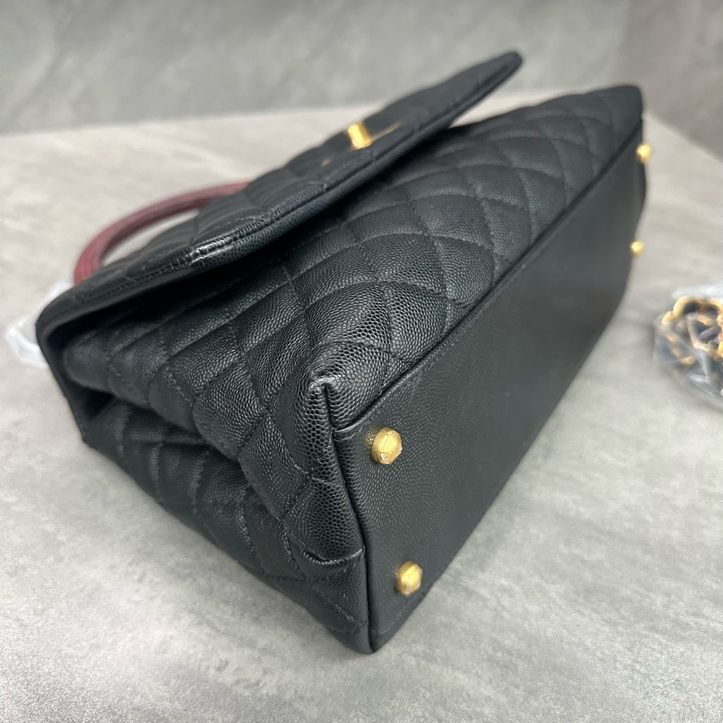 Chanel Coco Handle Black Caviar Leather Gold Hardware Red Handle with Card