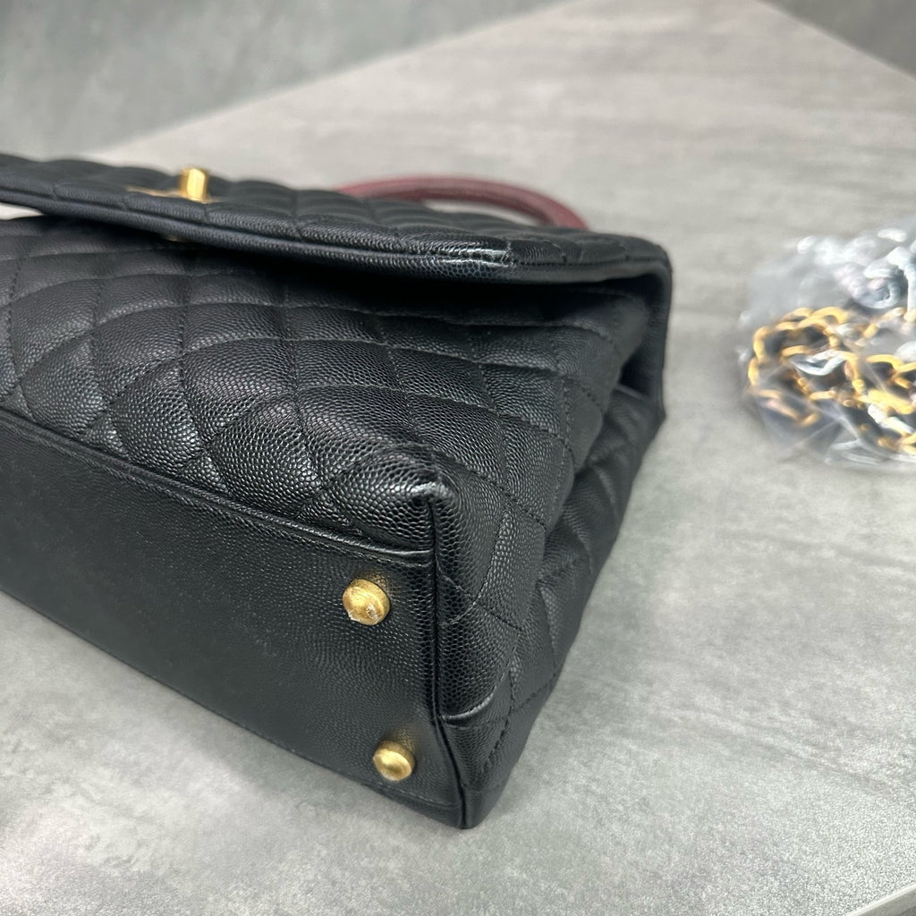 Chanel Coco Handle Black Caviar Leather Gold Hardware Red Handle with Card