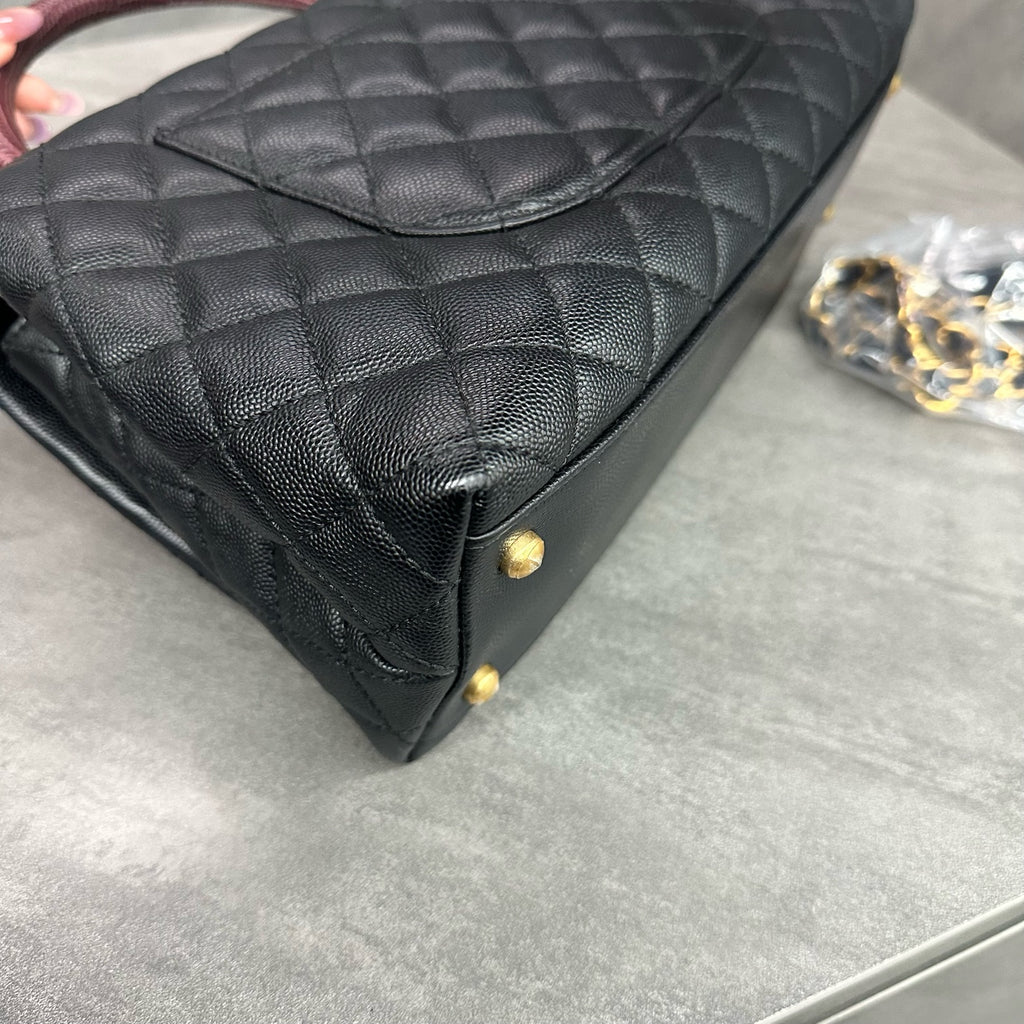 Chanel Coco Handle Black Caviar Leather Gold Hardware Red Handle with Card