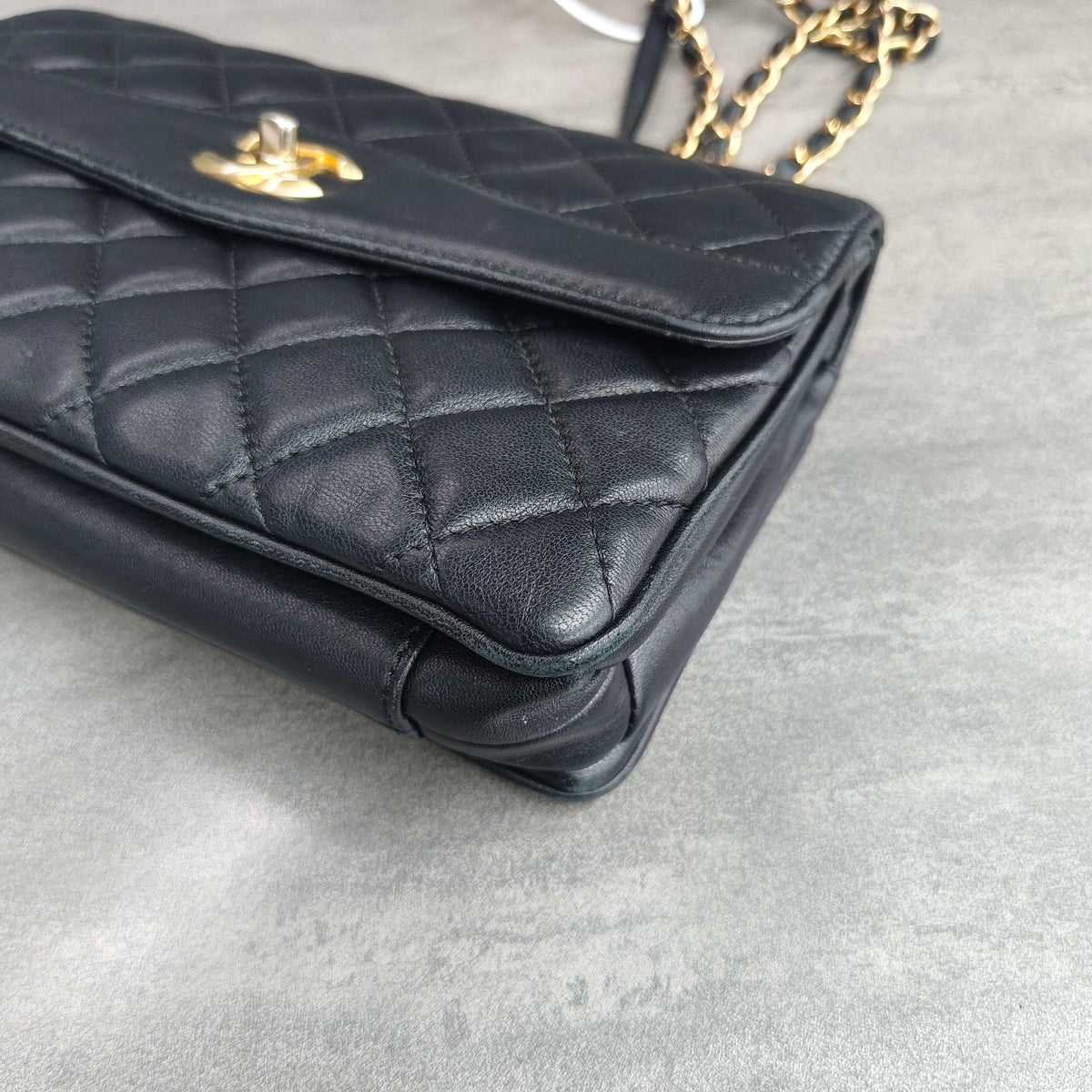 CHANEL Black Gold Lambskin Accordion Flap Bag