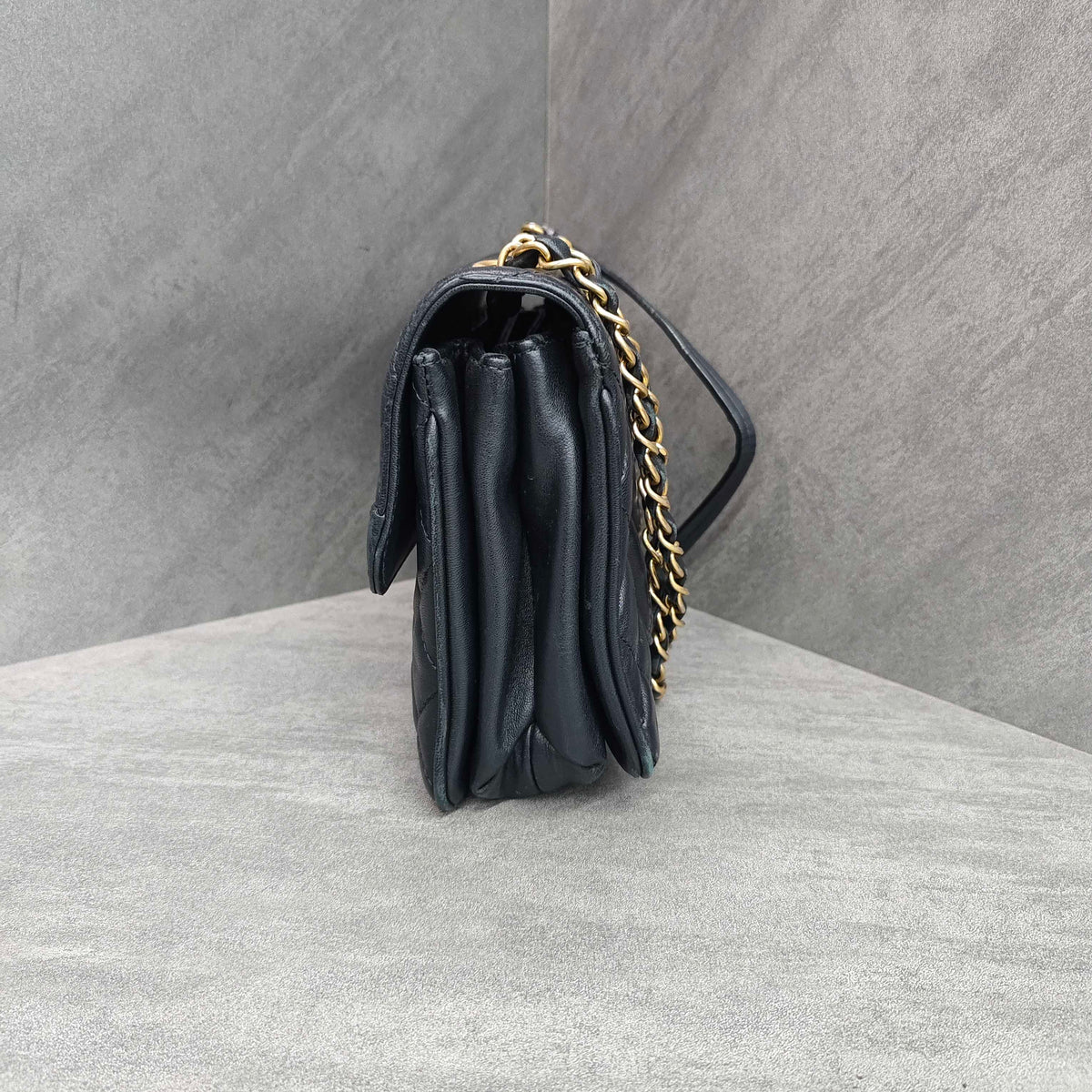 CHANEL Black Gold Lambskin Accordion Flap Bag