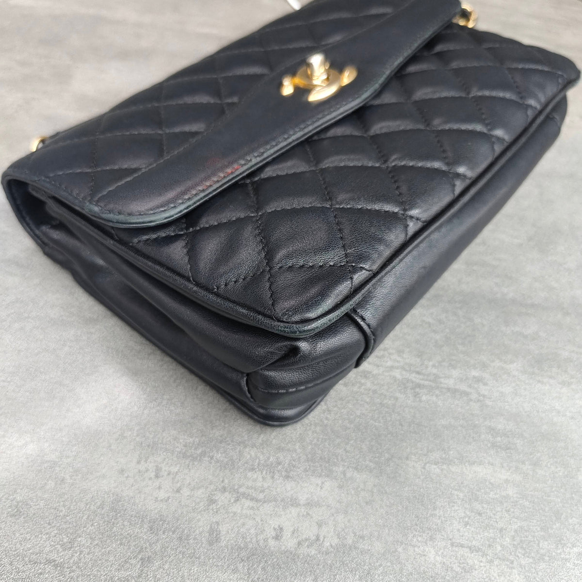 CHANEL Black Gold Lambskin Accordion Flap Bag