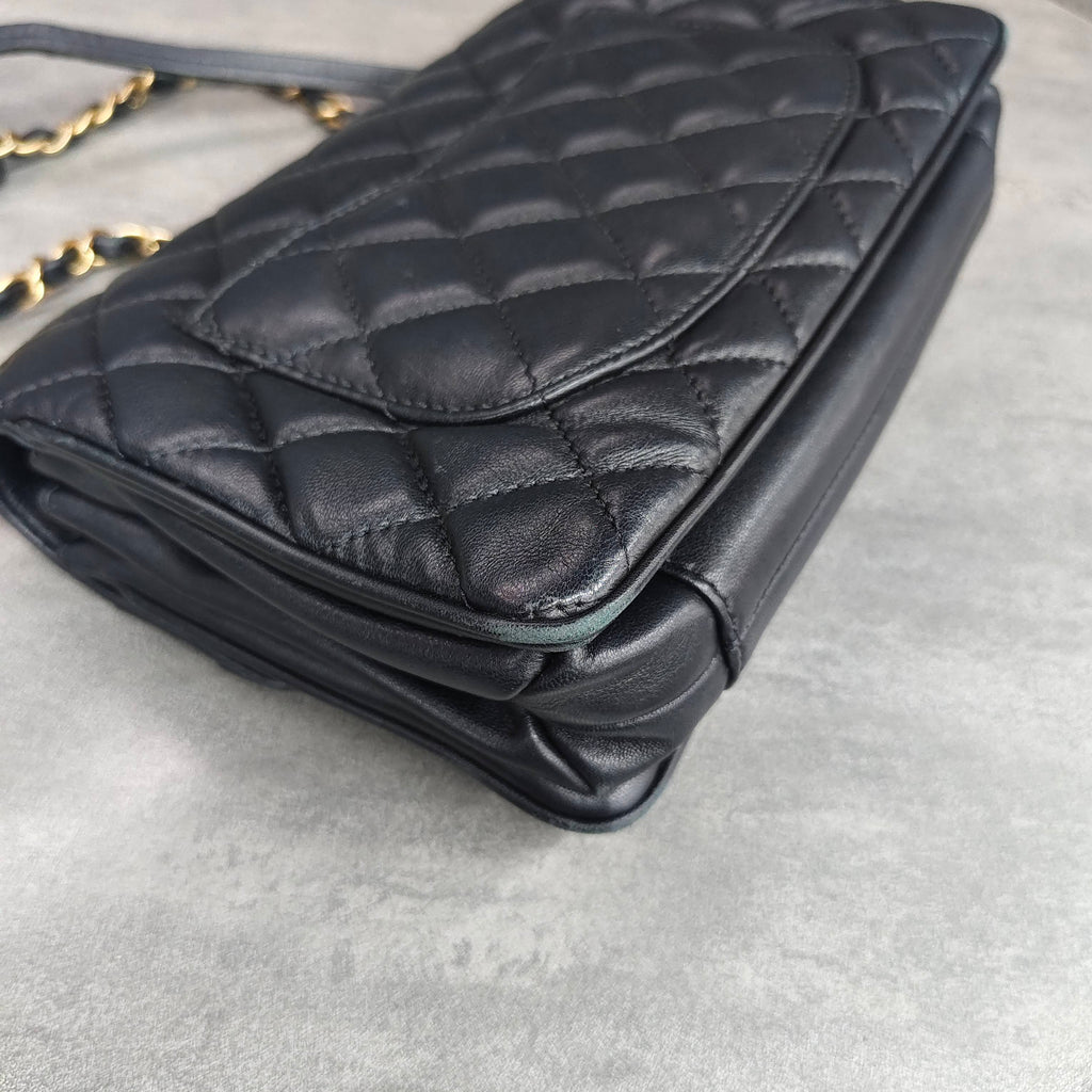 CHANEL Black Gold Lambskin Accordion Flap Bag