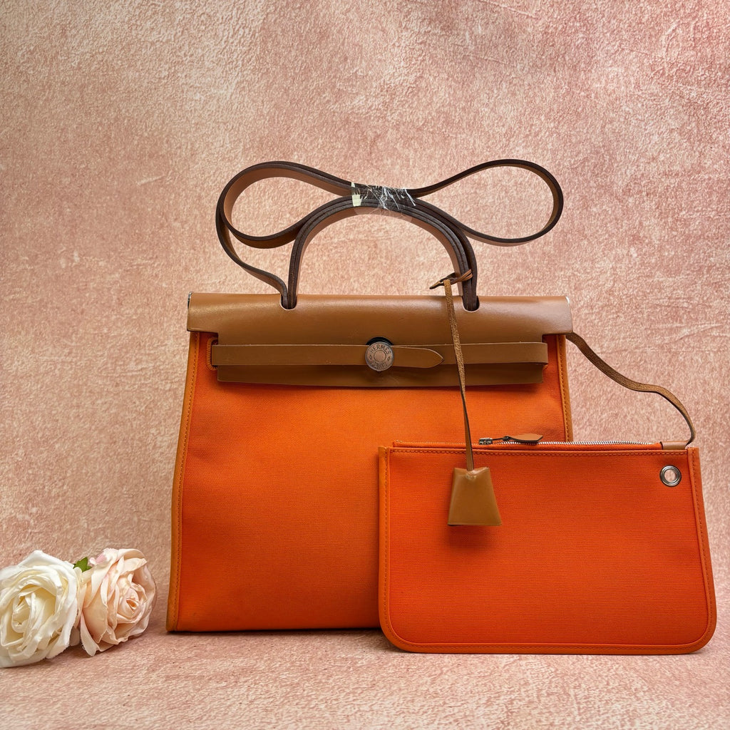 Hermes Herbag Box R Stamp Classic Orange and Brown Cowhide Top Handle and Crossbody Bag with Silver Hardware