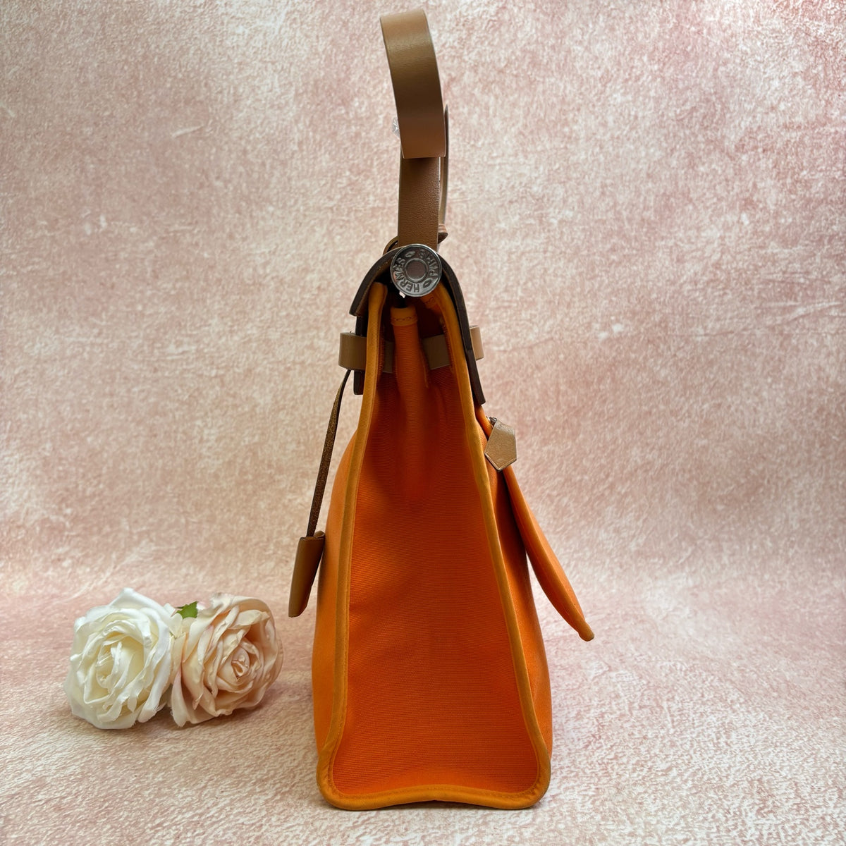 Hermes Herbag Box R Stamp Classic Orange and Brown Cowhide Top Handle and Crossbody Bag with Silver Hardware