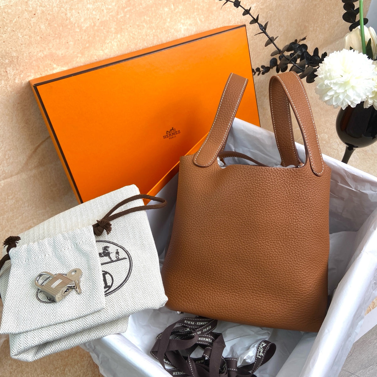 Hermes Gold Picotin Bucket Bag Silver Hardware Z Stamp Full Set