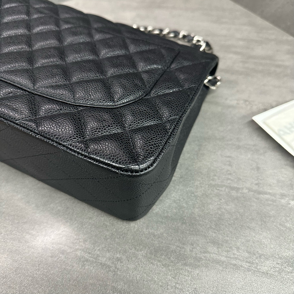 Chanel CF Jumbo Black Caviar Leather Chain Bag with Silver Hardware, with Card and Receipt