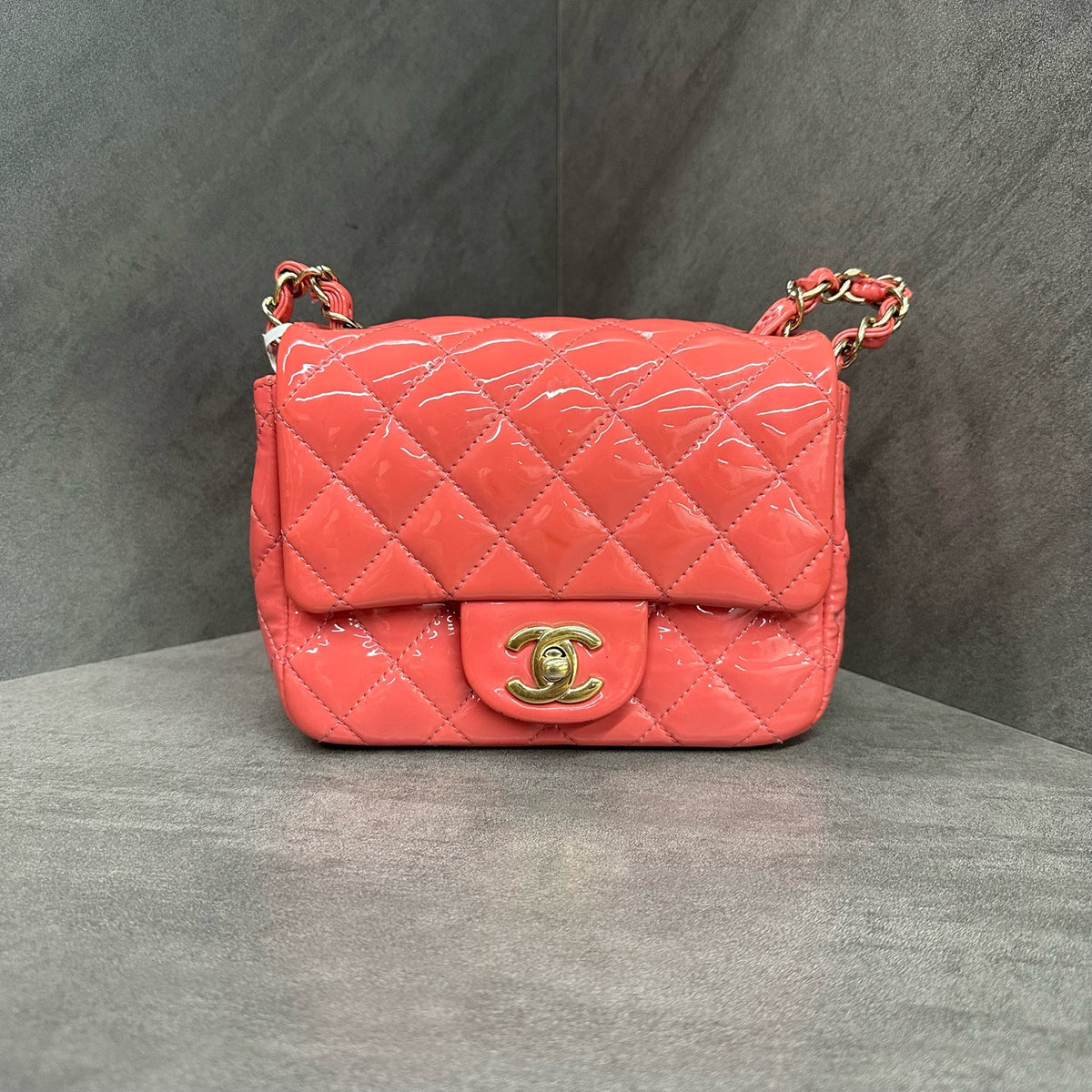 Chanel CF Square Mini Pink Patent Leather Chain Bag with Gold Hardware