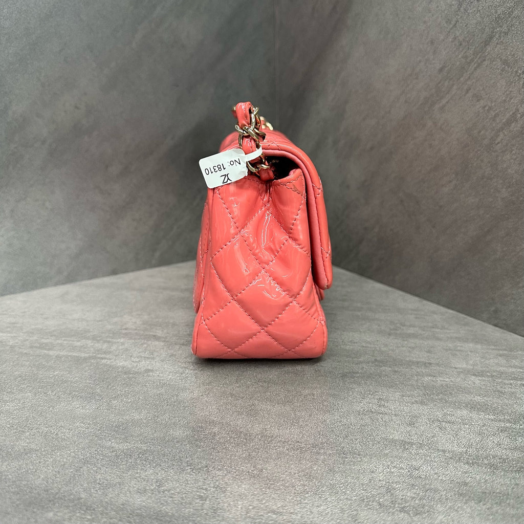 Chanel CF Square Mini Pink Patent Leather Chain Bag with Gold Hardware