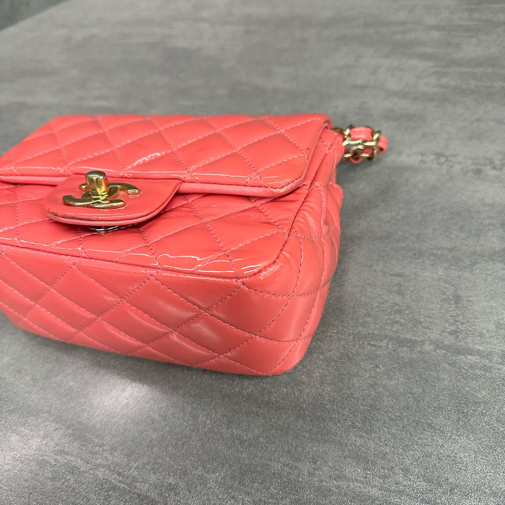 Chanel CF Square Mini Pink Patent Leather Chain Bag with Gold Hardware