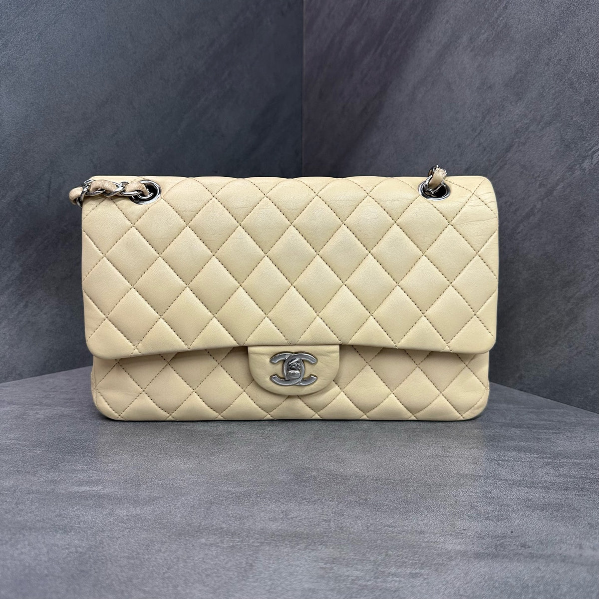 Chanel CF Beige Lambskin Silver Hardware Chain Bag