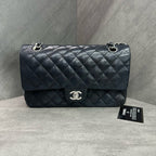 Chanel Classic Flap Black Silver Hardware Lambskin Chain Bag with Card