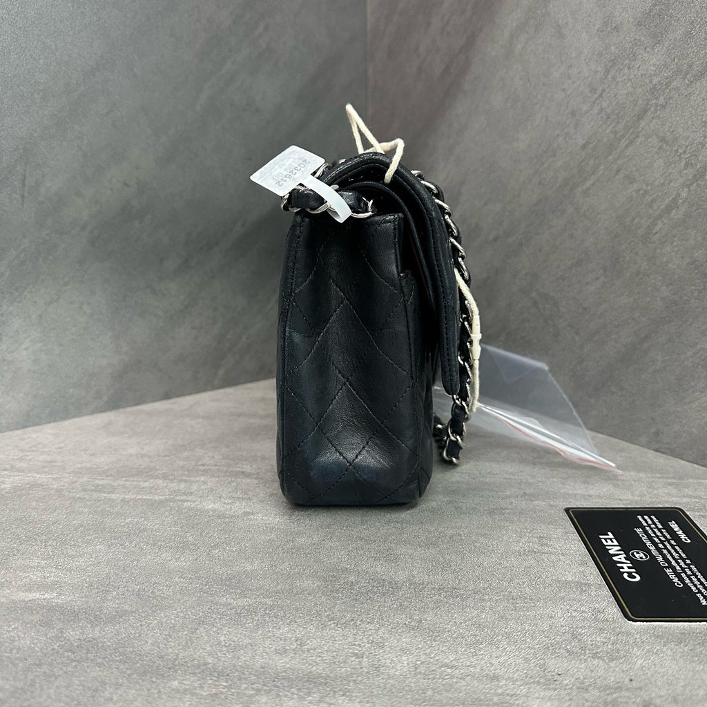 Chanel Classic Flap Black Silver Hardware Lambskin Chain Bag with Card
