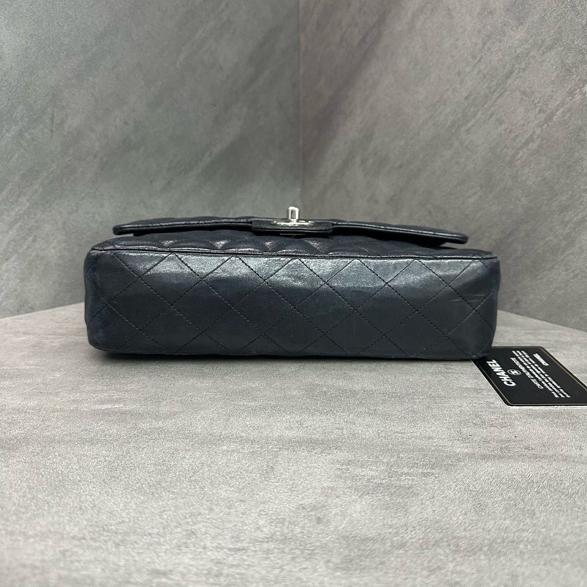Chanel Classic Flap Black Silver Hardware Lambskin Chain Bag with Card