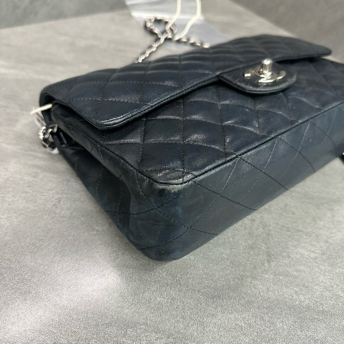 Chanel Classic Flap Black Silver Hardware Lambskin Chain Bag with Card