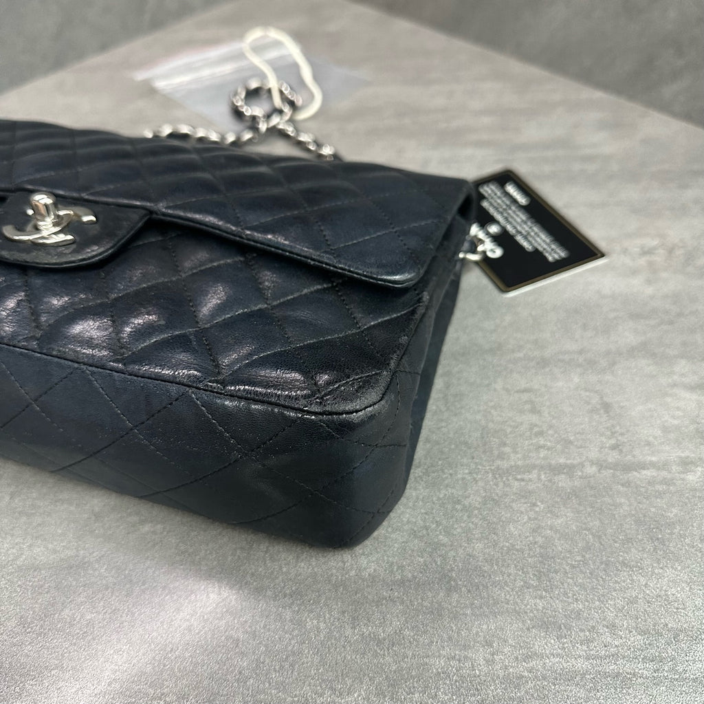 Chanel Classic Flap Black Silver Hardware Lambskin Chain Bag with Card