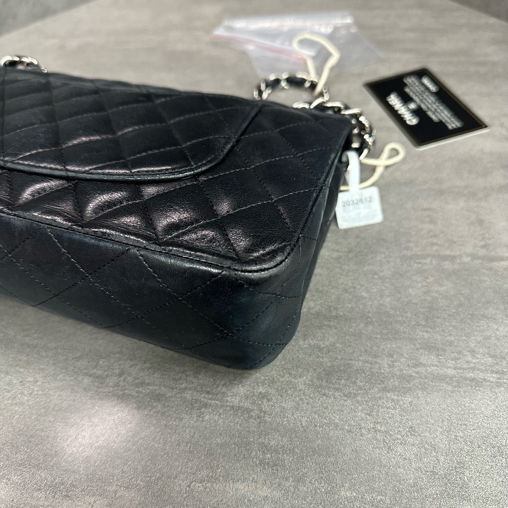 Chanel Classic Flap Black Silver Hardware Lambskin Chain Bag with Card
