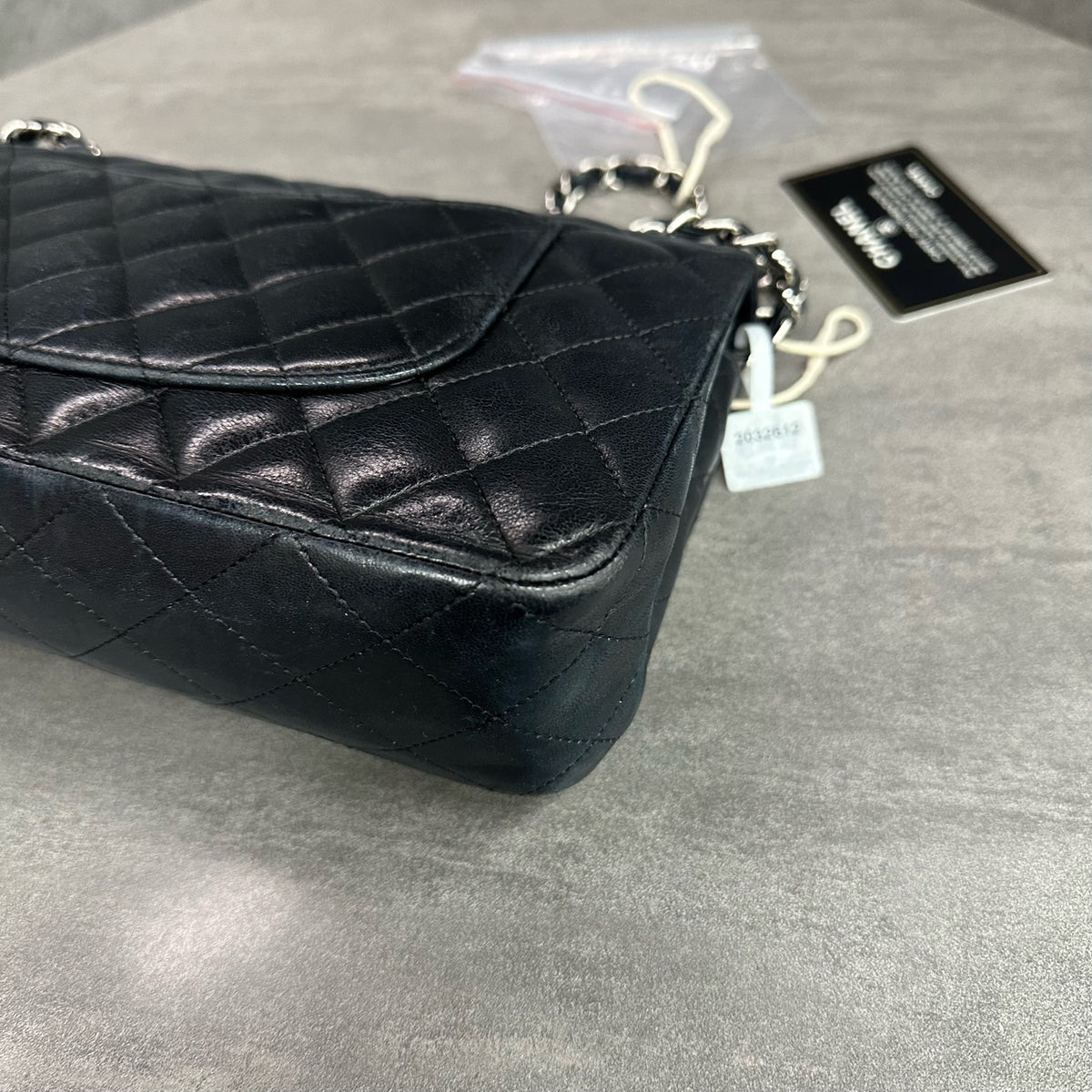Chanel Classic Flap Black Silver Hardware Lambskin Chain Bag with Card