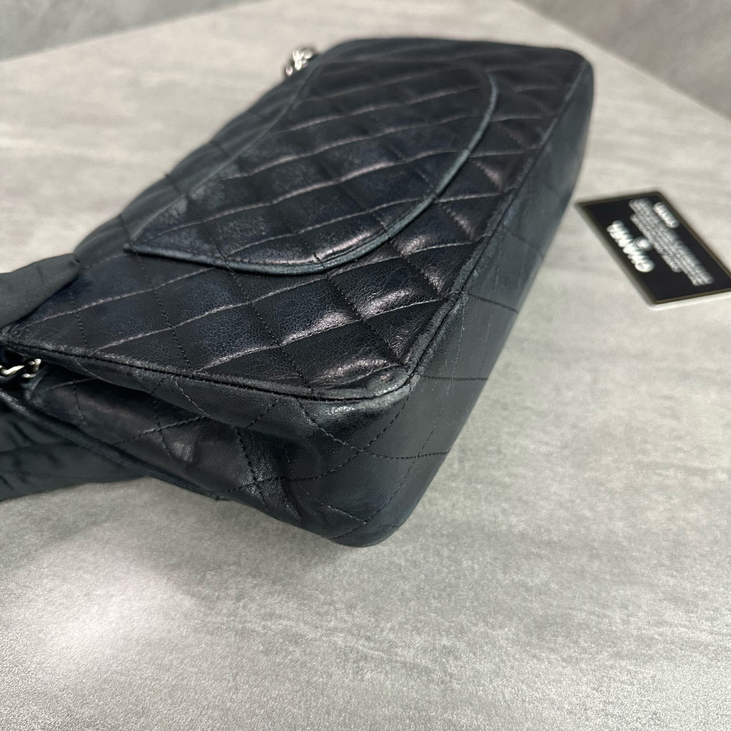 Chanel Classic Flap Black Silver Hardware Lambskin Chain Bag with Card