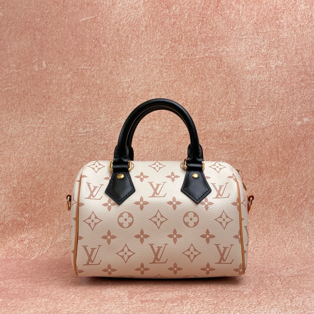 LV Louis Vuitton Speedy 20 Dune Pillow Bag, chip version classic monogram, off-white with black handles, gold hardware