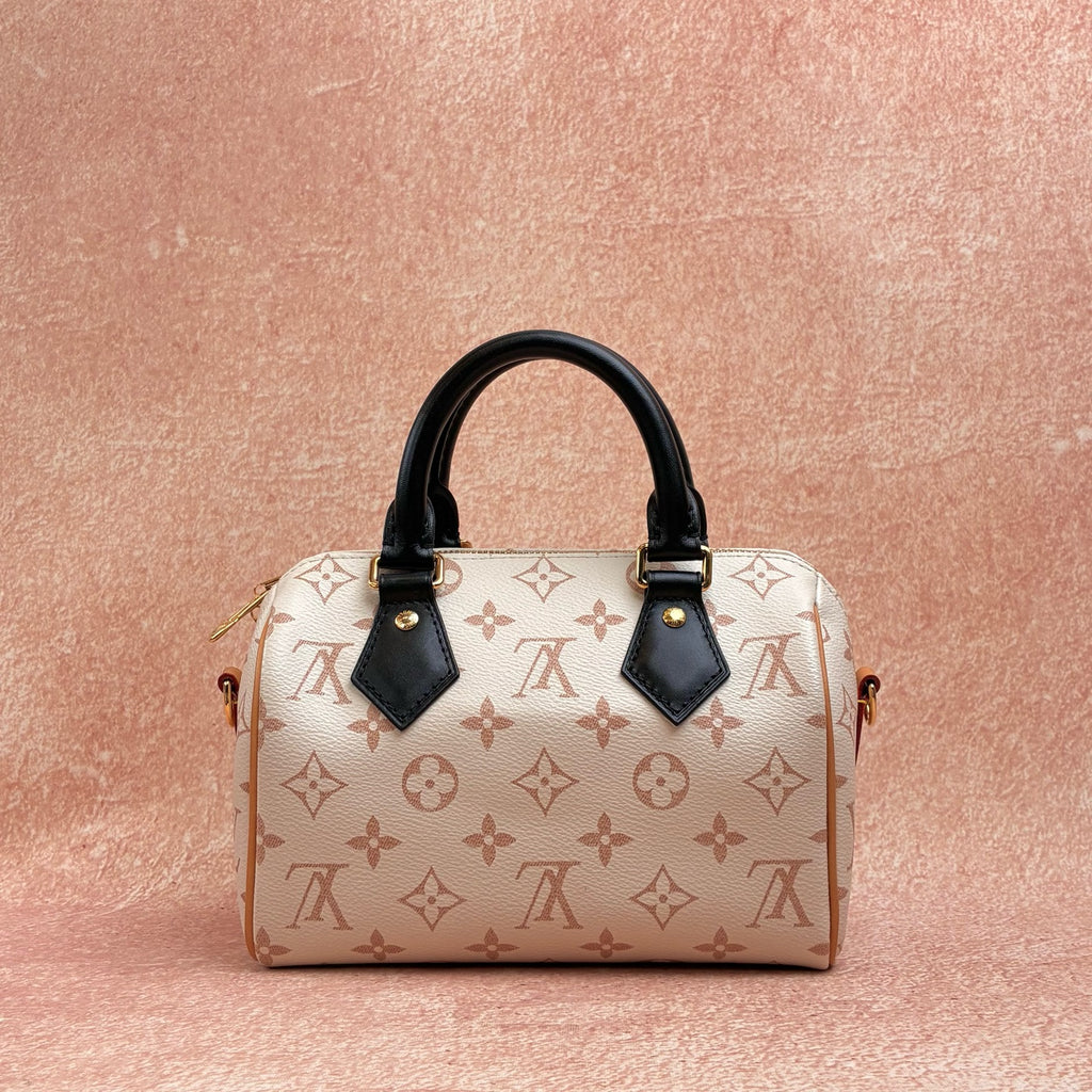 LV Louis Vuitton Speedy 20 Dune Pillow Bag, chip version classic monogram, off-white with black handles, gold hardware