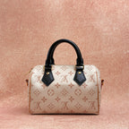 LV Louis Vuitton Speedy 20 Dune Pillow Bag, chip version classic monogram, off-white with black handles, gold hardware
