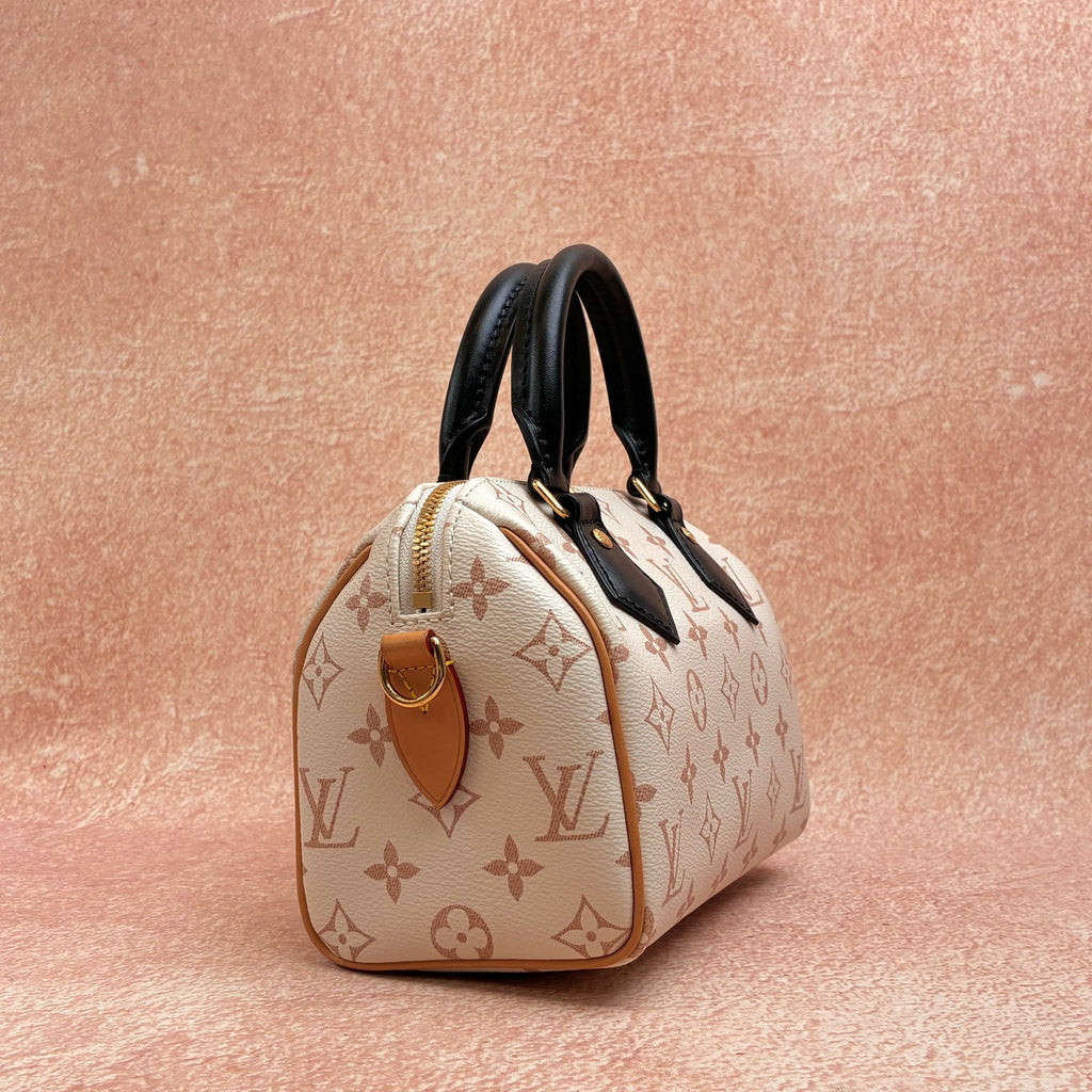 LV Louis Vuitton Speedy 20 Dune Pillow Bag, chip version classic monogram, off-white with black handles, gold hardware