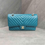 CHANEL Classic Flap Blue Gold Chevron Calfskin Leather