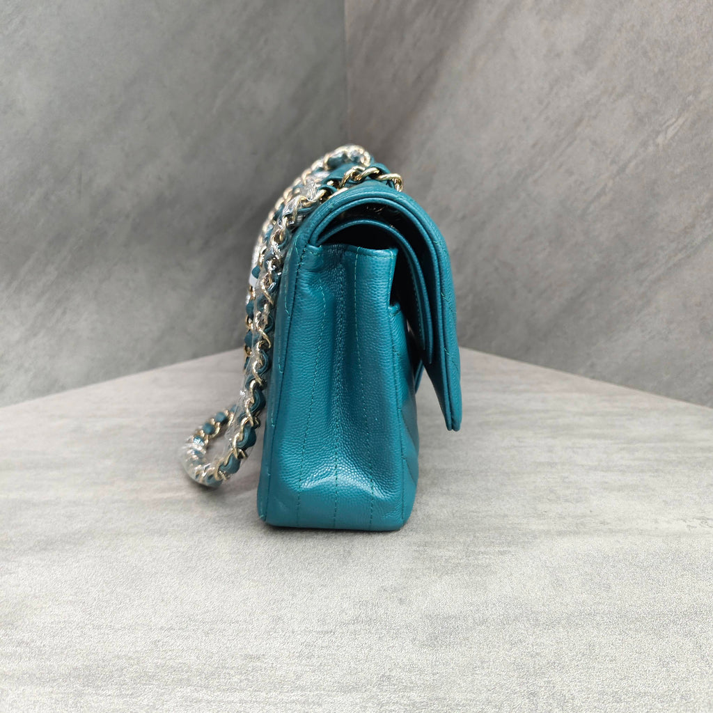 CHANEL Classic Flap Blue Gold Chevron Calfskin Leather