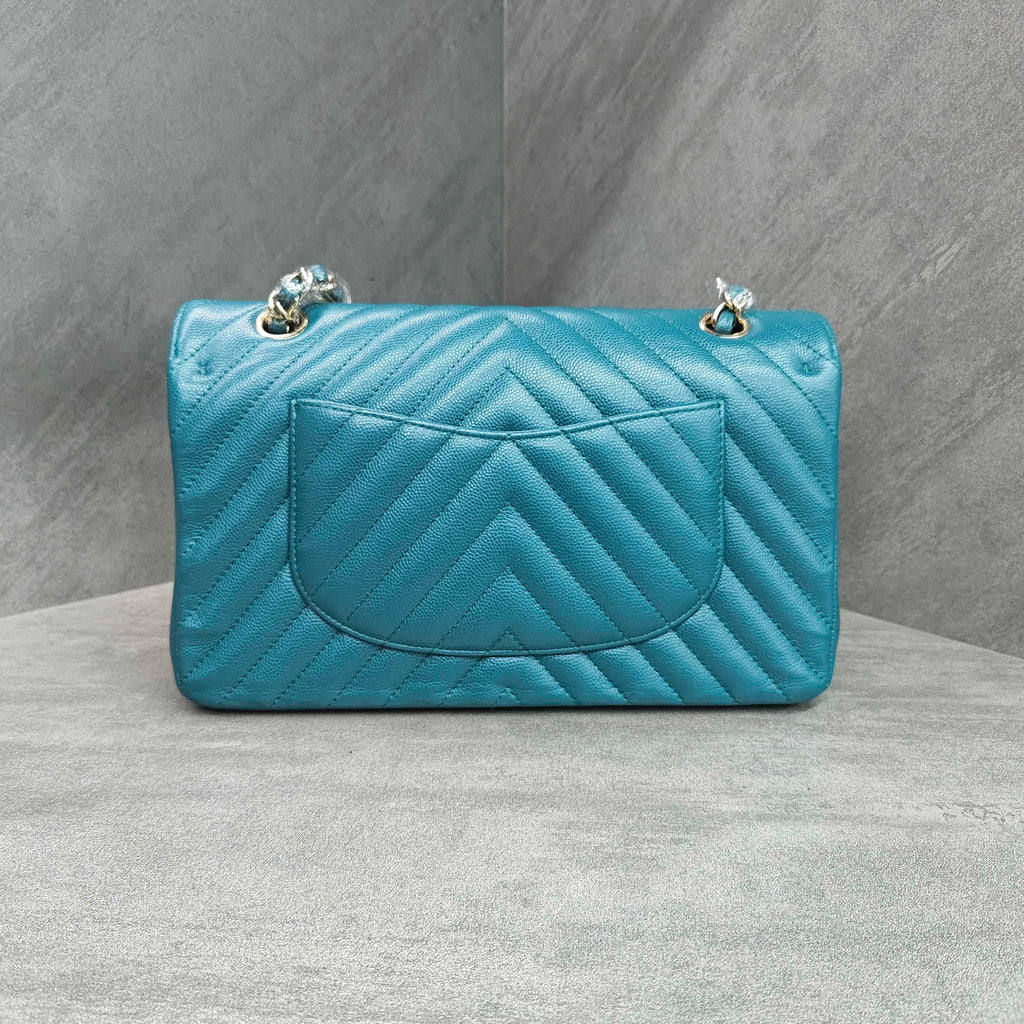 CHANEL Classic Flap Blue Gold Chevron Calfskin Leather