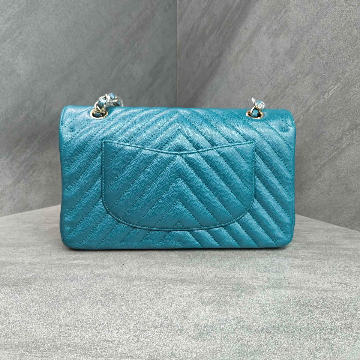 CHANEL Classic Flap Blue Gold Chevron Calfskin Leather