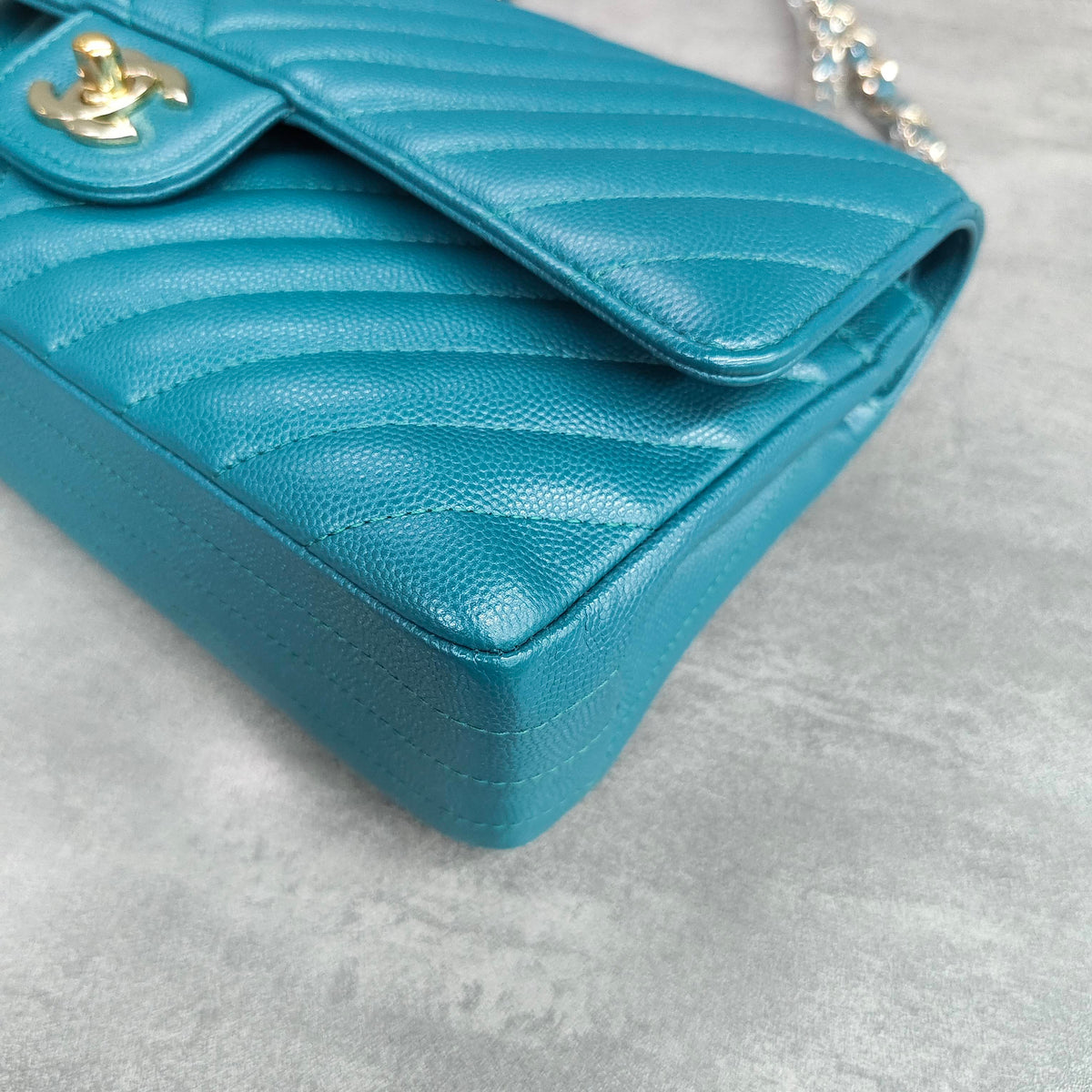 CHANEL Classic Flap Blue Gold Chevron Calfskin Leather