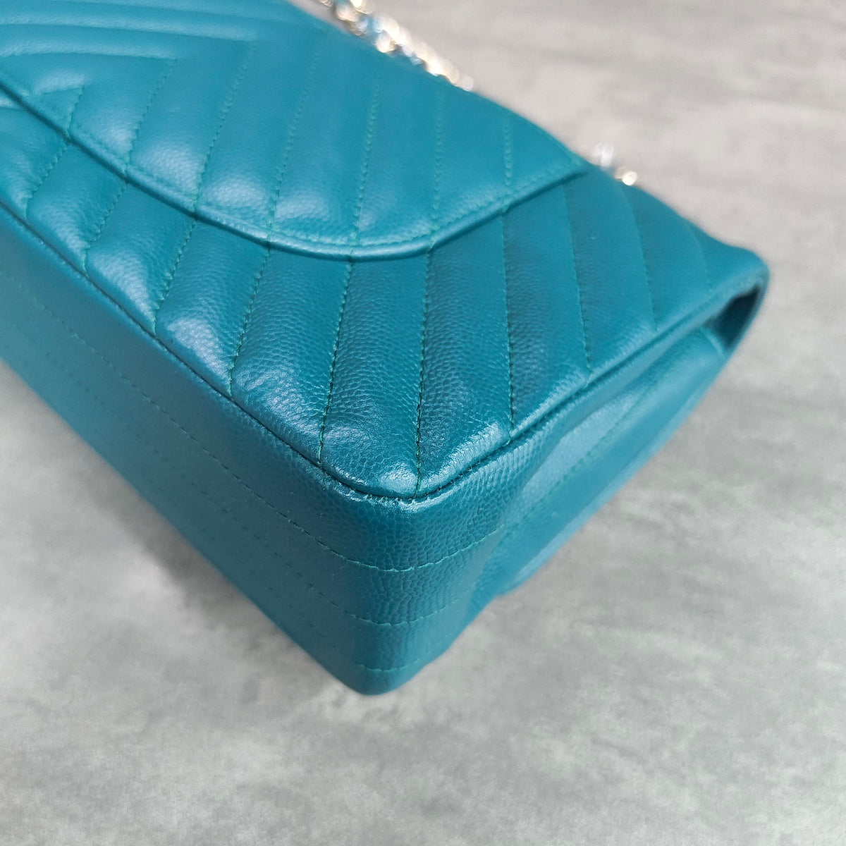 CHANEL Classic Flap Blue Gold Chevron Calfskin Leather