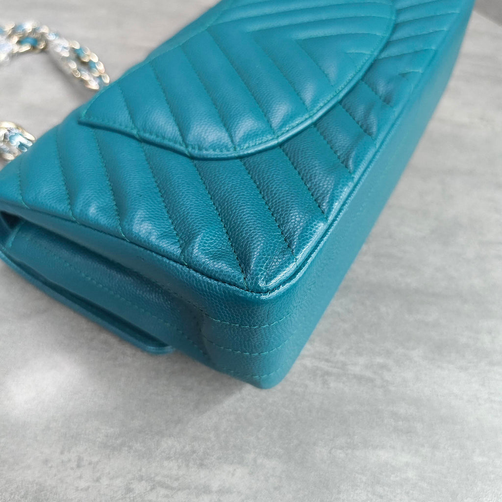 CHANEL Classic Flap Blue Gold Chevron Calfskin Leather