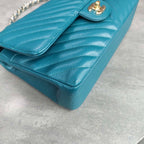 CHANEL Classic Flap Blue Gold Chevron Calfskin Leather