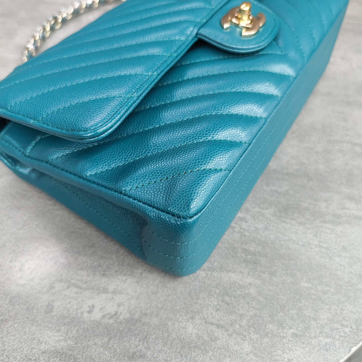 CHANEL Classic Flap Blue Gold Chevron Calfskin Leather