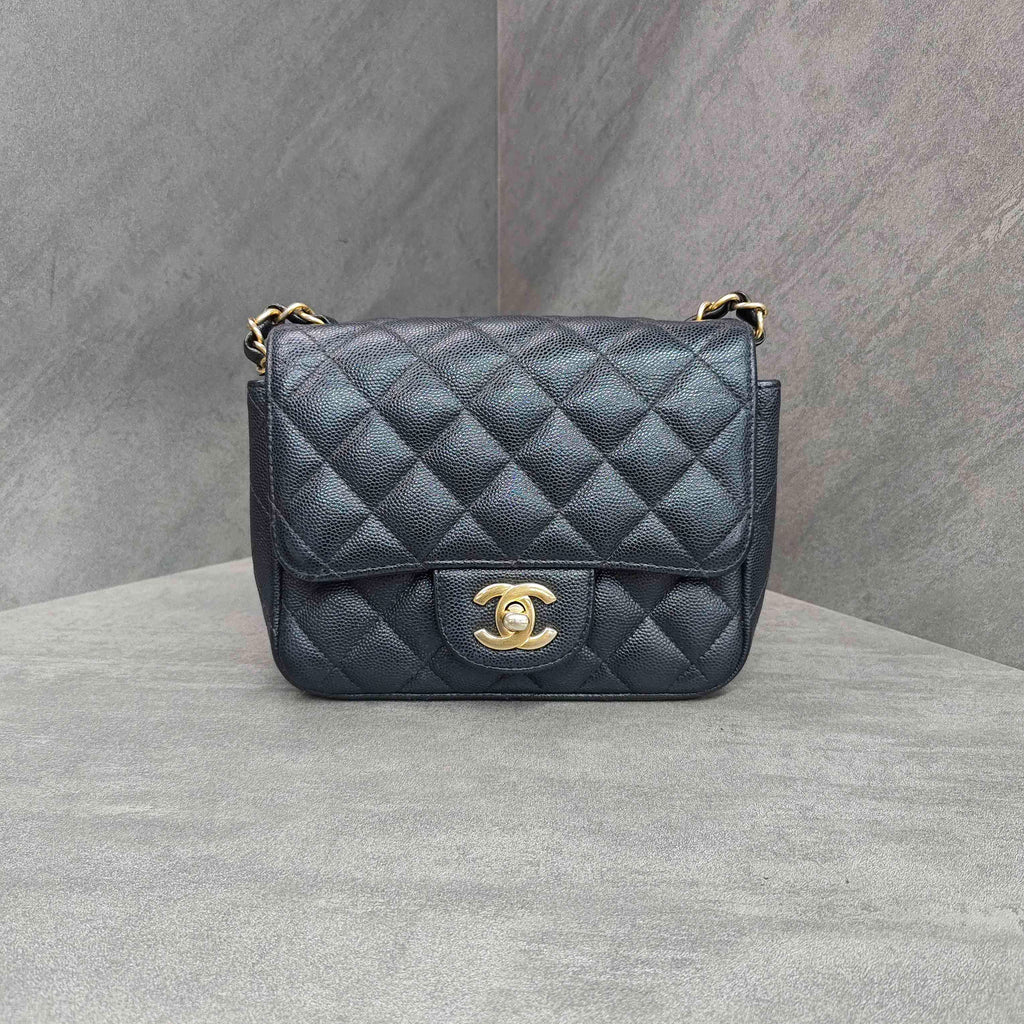 Chanel Classic Flap Square Mini Black Caviar Leather Gold Hardware Chain Bag