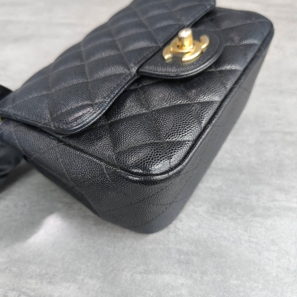 Chanel Classic Flap Square Mini Black Caviar Leather Gold Hardware Chain Bag