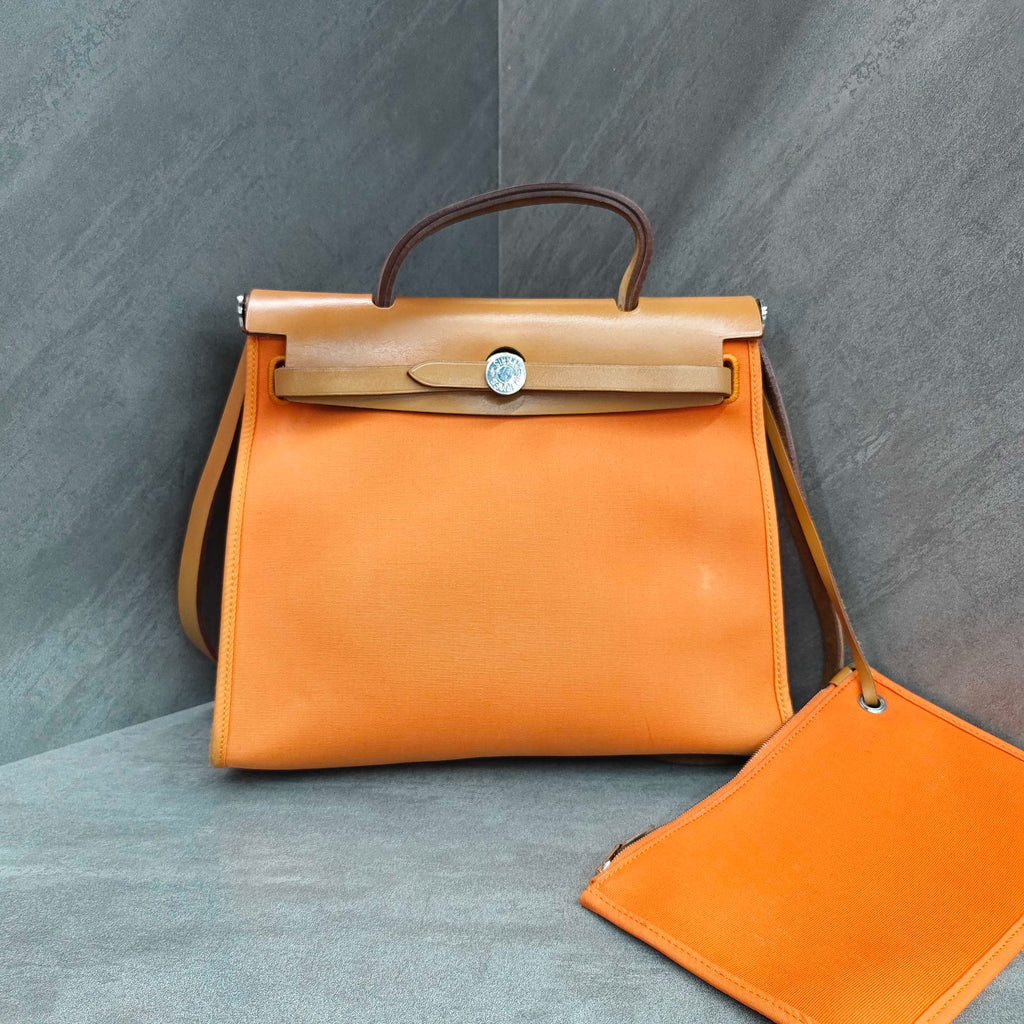 Hermes Herbag Orange Canvas and Leather Handbag Shoulder Bag