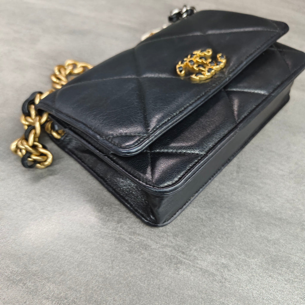Chanel 19 Bag WOC Black Gold Lambskin Chain Wallet with Card