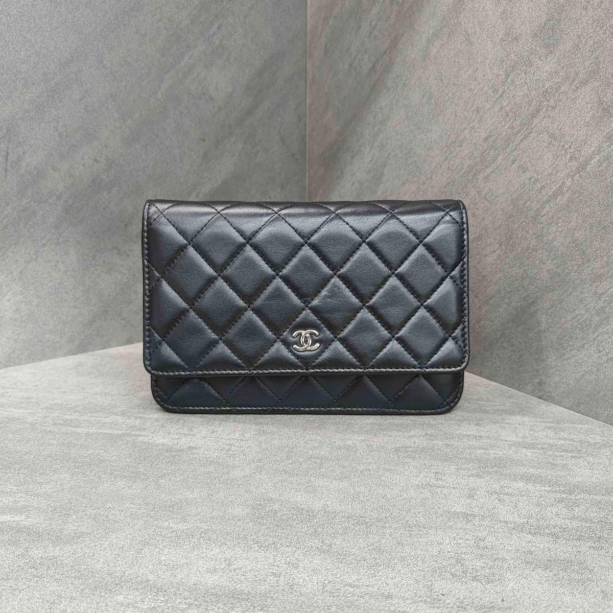 Chanel WOC Black Silver Lambskin Chain Bag