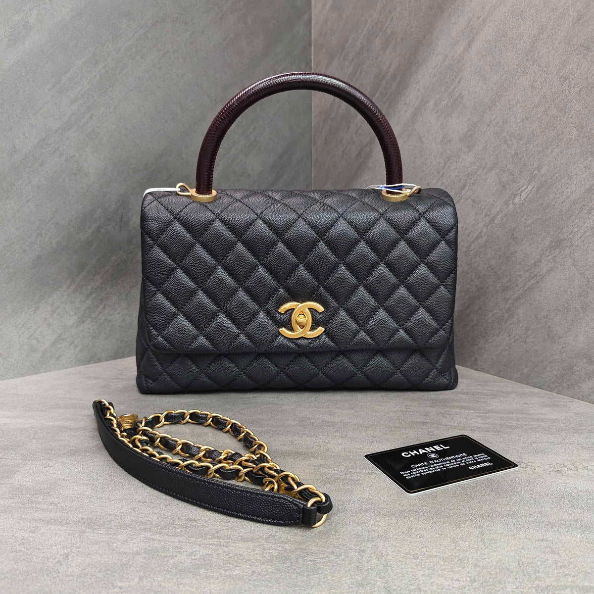 Chanel Coco Handle Black Caviar Leather with Gold Hardware Red Handle 29 Series with Card