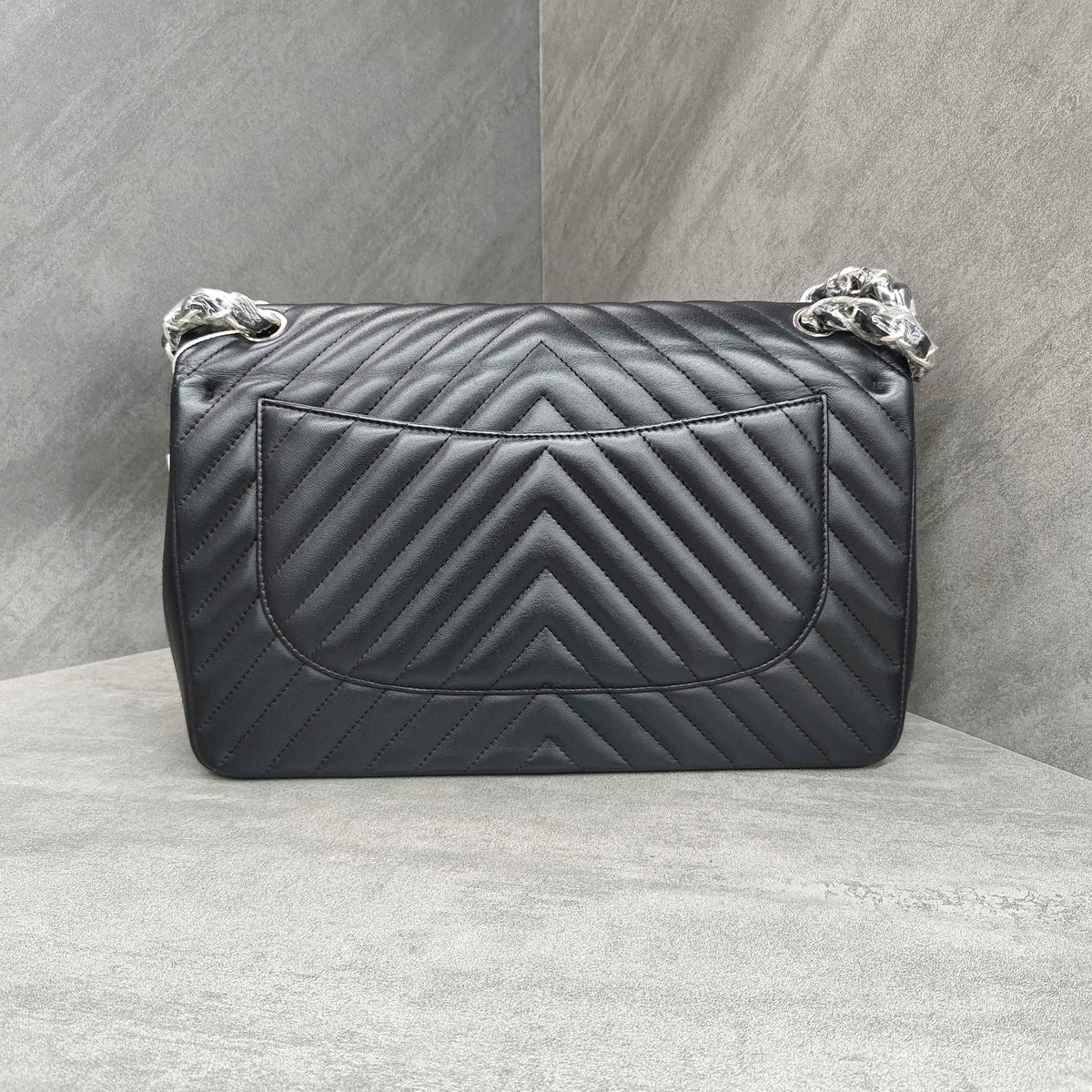 CHANEL Classic Flap Jumbo Chevron Lambskin Black Silver Hardware 22 Series with Card